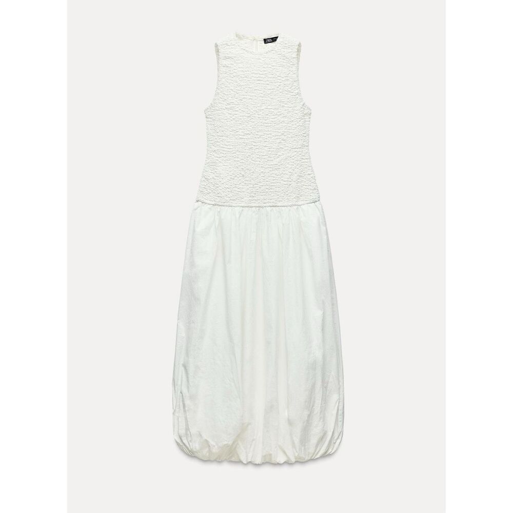 NWT ZARA XS Poplin Balloon Maxi Dress in Oyster White